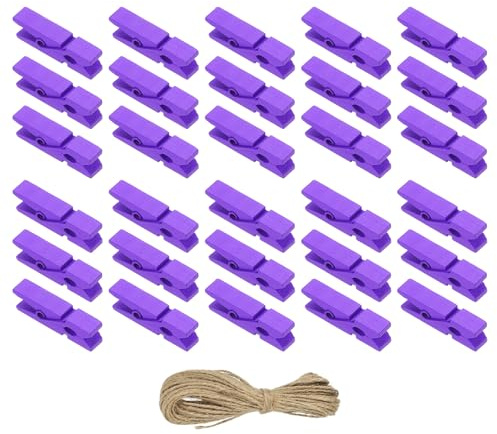 PATIKIL 50Pcs 1.4 Pinzas De Ropa De Madera De Colores Mini Pinzas Morado | De Madera Coloridas, Con Cuerda De Yute De 32Ft, Sujeción Fuerte, Pinzas Para Fotos Para Colgar Ropa Manualidades