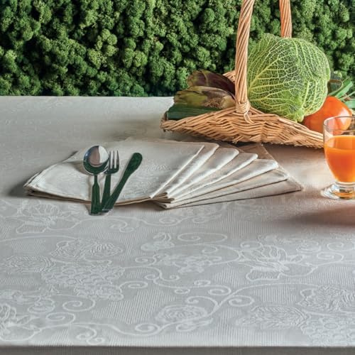 Tovaglia Con Tovaglioli Servizio Da Tavola Set Completo Cotone Tessuto Fiandra Ricamata Tinta Unita Elegante (Bianca, 18 Posti (140x360cm))