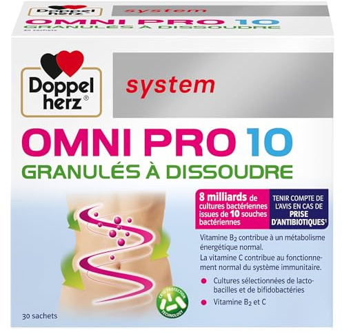 Doppelherz System Omni Pro 10, Probiotiques à dissoudre, 30 sachets | Complément alimentaire, Granulés à dissoudre, Confort digestif et flore intestinale, 10 souches, Sans lactose, goût vanille