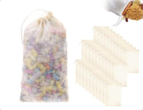 Emezddo 30 sacchetti per spezie per cucinare, sacchetti in cotone con coulisse, infusore riutilizzabile per tè sfuso, sacchetti da cucina a maglia fine per caffè, spezie e tè (8 x 10 cm).