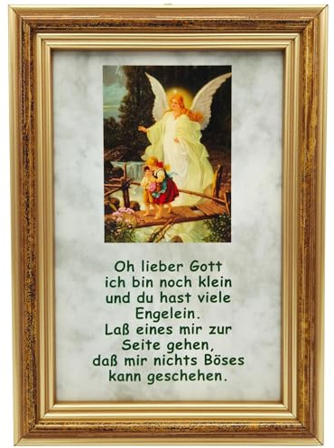 Lunexus Schutzengelbild 12x17 cm - Engel über Brücke, Kindergebet, Taufe | Wandbild mit Echtholzrahmen & Glas - Zatzka-Motiv, Kindergebet - gesegnet mit Zertifikat - für Kinderzimmer