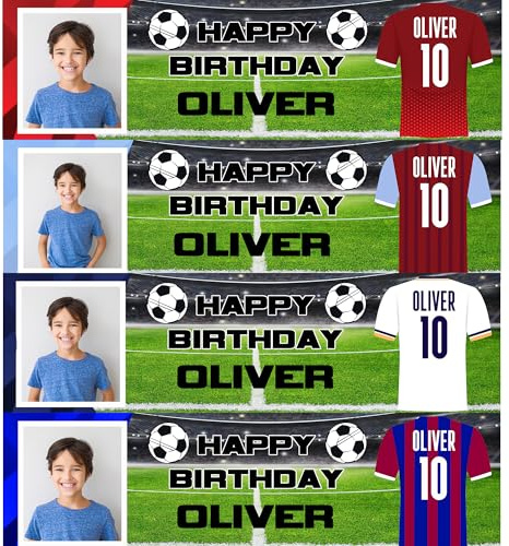 Personalised Football Birthday Banner with Picture 110 x 30 cm Custom Party Decoration for Girls and Boys - Football themed party sign for kids - Red