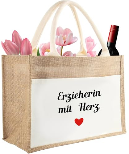 Aoohaha Jutetasche Erzieherin mit Herz, Jute Einkaufstasche für Erzieher, Jute Tote Bag als Abschiedsgeschenk, Danke Geschenk für Erzieherin Kindergarten, Abschied Geschenk für Erzieher von Schülern