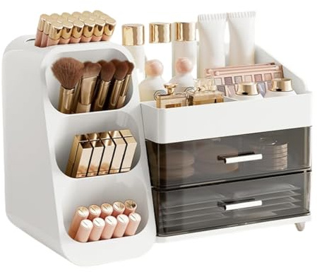 Yieseang Makeup Organiser for Dressing Table with Brush Holder,Skincare Organizer with Drawers,Vanity Organiser for Bathroom,Desk,Countertop,Cosmetics Storage Box for Beauty Essentail