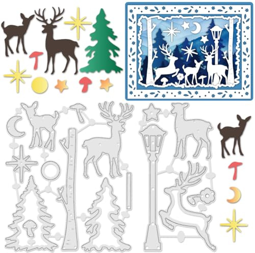 INFUNLY Tree and Elk Die Cuts for Card Making Christmas Tree Background Cutting Dies Xmas Metal Die Cuts Forest Elk Embossing Stencils Template for Scrapbooking Album Paper Card Decor