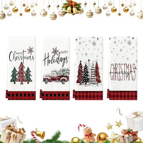 MOAZIFI 4 Stück 40x60 cm Geschirrtücher Weihnachten, Weihnachtengeschirrtücher, Saugfähig und Schnell Trocknende, Truck Weihnachtsbäume Geschirrtücher Weihnachten Küchenhandtücher Geschirrspüler