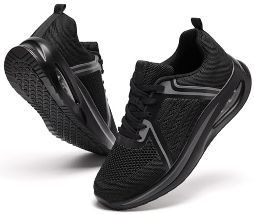 Women Trainers Black Running Shoes Ladies Air Cushion Lace Up Comfort Breathable Non Slip Gym Sneakers Arch Support Memory Foam Plantar Fasciitis Orthopedic Shoes All Black UK 5