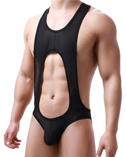 BLESO Mens Mesh Sheer Wrestling Singlet Open Back Thong Bodysuit One Piece Leotard