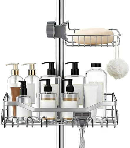 VirtuGro 2PCS Duschablage ohne Bohren Edelstahl Duschregal ohne Bohren Verstellbar Badezimmer Organizer Shampoo Halterung für Dusche für Duschstange mit Durchmesser von 18mm-25mm Silber
