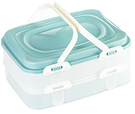 2friends Kuchen Transportbox Cupcake Muffin Transportbox - Kuchenbehälter 2 Etagen Rechteckig Partycontainer mit Hebeeinsatz Deckel Tragegriffen Clickverschlüssen 40x30x18cm Made in EU Grün