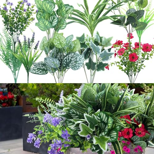 10 PCS Flores Artificiales Decoracion, Plantas Artificiales Exterior | Arbustos Artificiales, Plantas y Flores Artificiales Resistentes a los Rayos UV para Exterior y Interior Balcón Patio Jardín