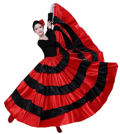 Gonna lunga da donna nera rossa a strati per flamenco spagnolo messicano balletto folklorico gonna danza del ventre gonna lunga flamenco danza spagnola grande swing costume di Halloween, Gonna 540