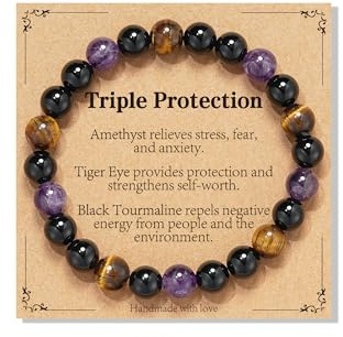 Crystal Bracelets Gifts for Womens Ladies Black Tourmalin Tigers Eye Amethyst Gemstone Beaded Bracelet spiritual Anxiety Healing Natural Stone Birthday Jewellery for Woman Her Teen Teenage Girls