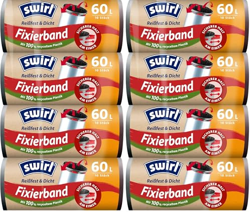 Swirl Reißfest & Dicht Fixierband Müllbeutel 60 l (4 x 10 Beutel), tropfsichere Müllsäcke für den Hausmüll, reißfeste Mülltüten für sicheren Halt am Mülleimer (Packung mit 2)
