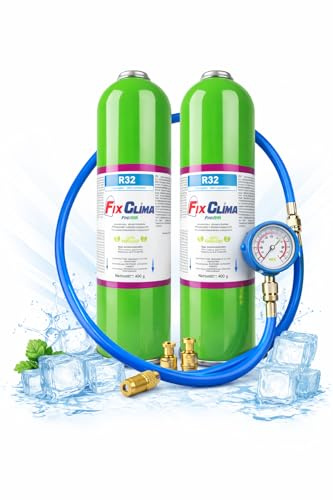 FixClima R32 PlusOil 2 x 400 g di refrigerante con tubo, manometro e adattatore, ricarica gas per condizionatori d'aria per sistemi Split e monoblocco, alta potenza di raffreddamento, qualità