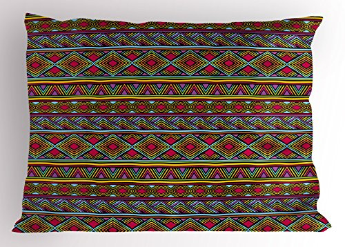 Ambesonne African Pillow Sham, Colorful Diamond Motifs with Angled Lines Lively Palette Geometric Borders, Decorative Standard King Size Printed Pillowcase, 36 X 20, Multicolor