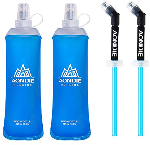 Azarxis TPU Faltbarer Soft Flask, BPA-Frei Trinkblase Trinkflaschen Wasserflasche für Trinkrucksack Fahrrad Klettern Sport (450ml - 2 Stück mit 2 ​​Strohhalmen)
