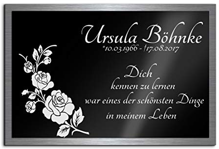 Premium Gedenkplatte Grabplatte mit Gravur  Rosen | aus Hochglanz Acrylglas und V2A Edelstahlplatte graviert geschützt und 100% wetterfest | Gedenkplatte mit Gravur zum Aufstellen oder Verkleben