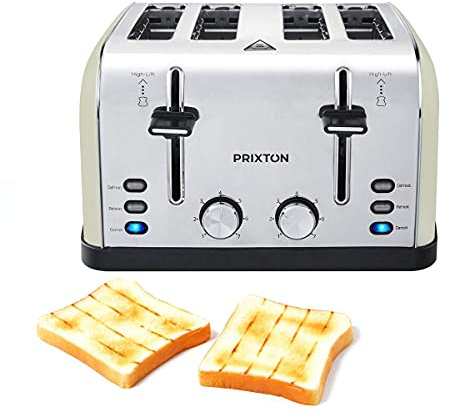 PRIXTON Bianca - Tostador ancho/Tostadoras/Tostadora de pan con 4 ranuras, 7 niveles de tostado, Potencia 1900 W, Diseñado en Acero inoxidable (Reacondicionado)