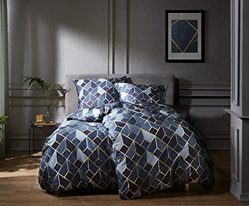 Bettwaesche-mit-Stil Mako Satin Bettwäsche Raute dunkelblau (Garnitur 135x200 + 80x80 cm)