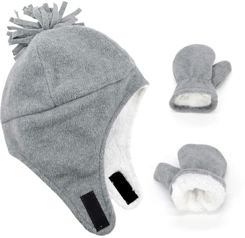 Durio Baby Mütze und Handschuhe Set Junge Wintermütze und Fäustlinge Warmes Gefütterte Fleece Mütze Kappen Ohrenklappe Kleinkind Kinder Mädchen
