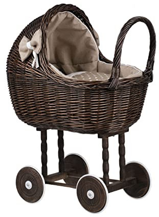 e-wicker24 Alles aus Weide Puppenwagen aus Weide mit Bettwäsche perfekte Geschenkidee Korbpuppenwagen schöner Spielzeug aus Korbgeflecht Korbwagen für Puppen Spielzeug für Mädchen (Dunkelbraun, Beige)