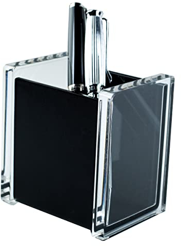 DELMON VARONE - Premium Stifteköcher aus Acryl transparent und Leder schwarz - Stiftebecher mit rutschfester Vliesunterseite - Design Stiftehalter eckig für Schreibtisch & Büro elegant, edel