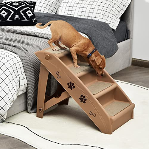 GYMAX Escalera para Mascotas con 4 Peldaños, Plegable de Plástico para Perros con Almohadillas Antideslizantes, 4 Alfombras y Estructura Triangular, Ayuda de Escalada para Gatos, Perros (Maarón)