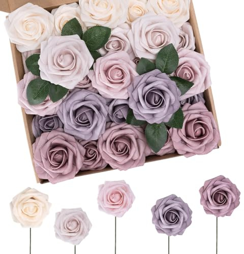 N&T NIETING Künstliche Blumen Rosen, 50 Stück Kunstblumen Wie Echt | Fake Rosen mit Stielen, Realistische Deko Blumen, für DIY Hochzeitsfeier, Zuhause Dekoration, Farbverlauf Lila