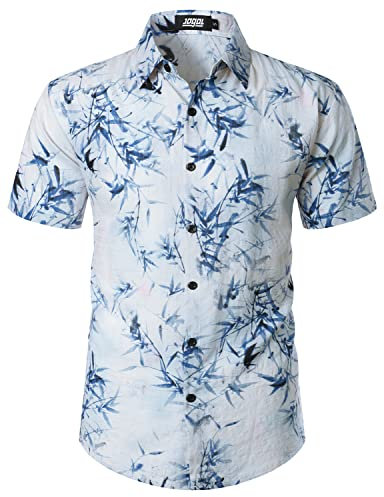 JOGAL Mens Flowers Casual Aloha Hawaiian Shirt Short Sleeve Beach Shirt BlueWhite Medium