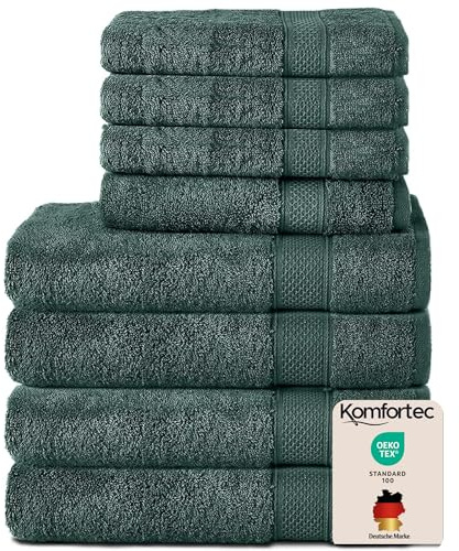 Komfortec Lot de 8 Serviettes de Bain 100% Coton 70 x 140 cm et 4 Serviettes de Toilette 50 x 100 cm en éponge Douce Vert foncé