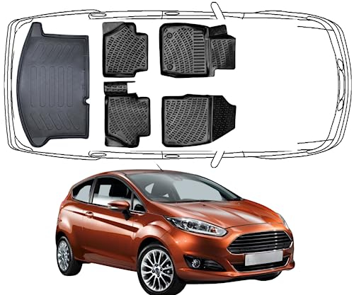 Rizline Passgenau 3D Fussmatten & Kofferraumwannee Auto Set Kompatibel mit Ford Fiesta 2008-2017 Auto Zubehör Gummimatten & Kofferraummatte Autos TPE Allwetter Geruchlos rutschfest Schwarz