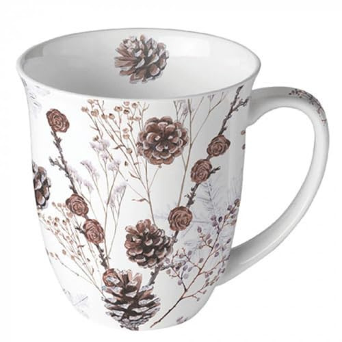Ambiente Henkeltasse 0,4 l Fine Bone China Porzellan Tulpenform Tasse Wintermotiv Zapfen pine cones 4 Liter Spühlmaschinen und Mikrowellen geeignet