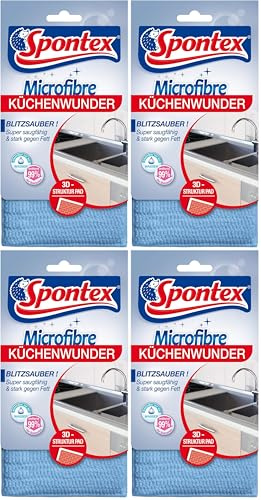 Spontex Microfibre Küchenwunder, 3D Mikrofaser-Pad mit Schwammkern, ideal für alle Küchenoberflächen, effizient gegen Schmutz und Fettrückstände, 1 Stück (Packung mit 4)