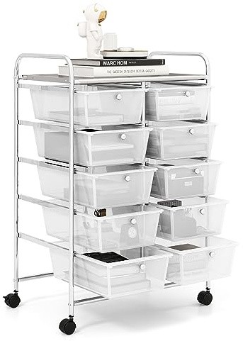 GiantexUK 10 Drawers Storage Cart, Mobile Rolling Storage Trolley with 4 Lockable Wheels & Handles, Utility Shelving Organizer Unit for Home Office Salon Beauty Make up (Clear)