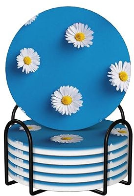Getränkeuntersetzer mit Halter, saugfähige Untersetzer, Sets von 6 weißen Gänseblümchen-Druck, Keramikuntersetzer mit Korkboden, rutschfeste Tassenmatte, Tischuntersetzer-Set
