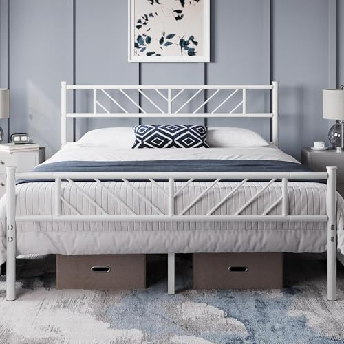 Yaheetech 5ft King Bed Frames Metal Slatted Bed Platform with Modern Headboard, Under-bed Storage, No Box Spring Needed, for Home Bedroom White