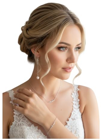 ONDEGO® 925 Silber Schmuckset Damen Perlen Blätter Kette Ohrringe Armband Zirkonia Strass Hochzeit Brautschmuck Kommunion Abiball