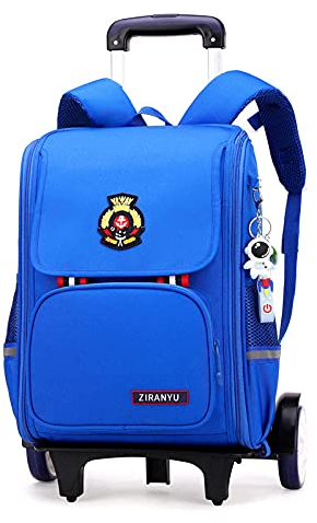 ATHUAH Cartoon-Trolley-Rucksack, Schulranzen für Jungen mit Rädern, Krawattentasche für Kinder, wasserdichte reflektierende Trolley-Tasche-Blau_Große Zwei Runden