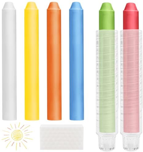 Sheryl&Rain 6 Pcs Tiza Sin Polvo, Tiza de Colores con 6 Portatizas RetráCtil, Borrable Lavable Tizas Pizarra, Tizas Gordas de Colores para Suelo, Lápices de Tizapara Escuelas, Oficina