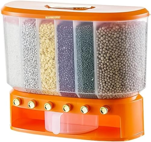 NAKEAH GYJ Candy Dispenser Machine Rice Dispenser 6 Grid Kitchen Food Dispenser With Button Wall Mount Bucket For High capacity (Color : Orange, Size : 42 * 16 * 36cm)