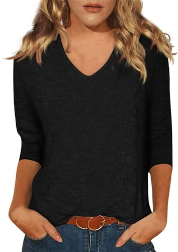 Blouse Femme Col V Manche 3/4 Couleur Uni Sport Outdoor Plein Air Pull Chic Femme Grande Taille T-Shirt Mi Saison Randonnée Carnaval Marque Tenue De Sport 01 Noir XXL