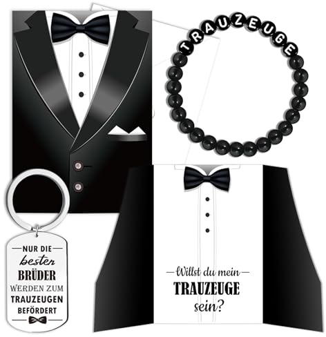 HOWAF Trauzeuge Fragen Mann Trauzeuge Geschenk, Trauzeuge Karte mit Umschlag, Trauzeuge Schlüsselanhänger, Trauzeuge Armband, JGA Männer Trauzeugen Geschenke Mann - Willst du mein Trauzeuge sein