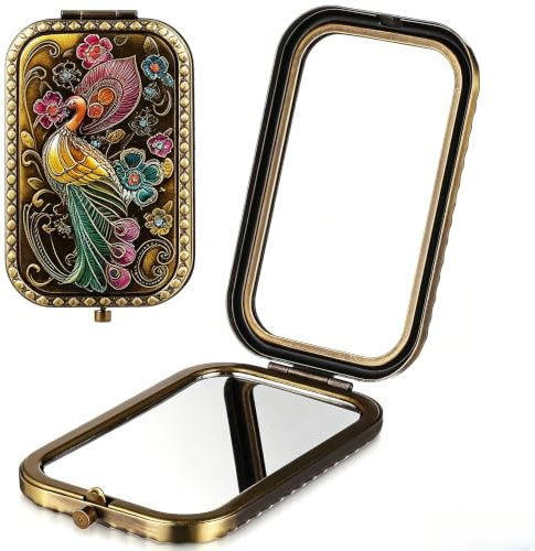 Healeved Miroir Compact Pliant Vintage en Métal Double Face Miroir De Poche Rond Portable pour Maquillage Retouches Précises Accessoire Élégant De Voyage