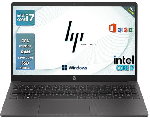 HP 250 G10, Notebook i7, Pc portatile intel core 1355U, Ram 32 Gb, SSD 1 Tb, Display 15.6 FHD, Windows 11 Pro, Laptop i7 pronto all'uso (Omaggio Custodia Notebook/Supporto smartphone)