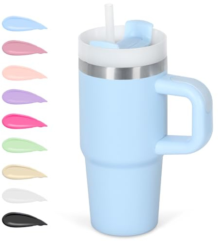 Cosictic 14 Oz Tumbler with Handle and Straw for Kids, Stainless Steel Double Wall Vacuum Insulated Cup for Children, 14 Oz Cups for Kids (Sky Blue)