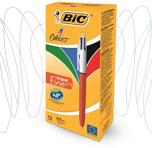 BIC Lot de 12 stylos originaux 4 couleurs avec corps en plastique de 1 mm, encre multicolore pour écriture lisse, multi-stylos 4 en 1 avec clip et cordon pour étudiants