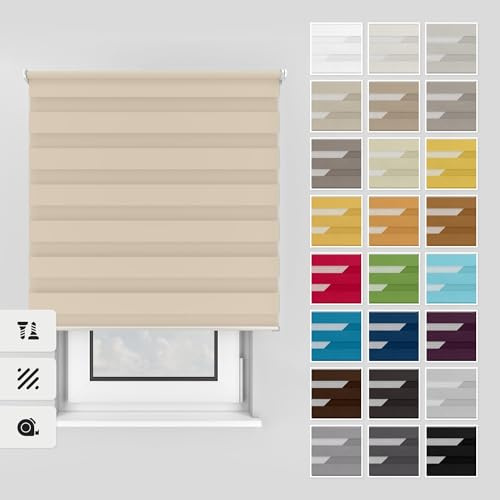 Estika Doppelrollo mit Bohren 110x220 cm Farbe: Beige, Rollo Deckenmontage und Wandmontage Fenster rollos für innen, Jalousien Fenster, Tür Rollo