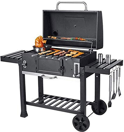 BBQ-Grill für den Außenbereich, XXL-Smoker-Grill, Holzkohle, tragbarer BBQ-Grill für den Garten mit Rädern und Ablageflächen, Barbecue-Grill mit Thermometerdeckel, anhebbarem Schubladen-Holz