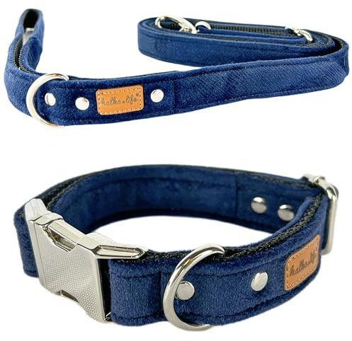Hundehalsband mit Leine – Set für kleine und große Hunde, strapazierfähig, bequem und verstellbar, mit Metallschnalle (Marine, M (Metallschnalle))